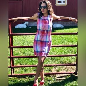 C & C California Colorful Plaid Linen Sleeveless Dress